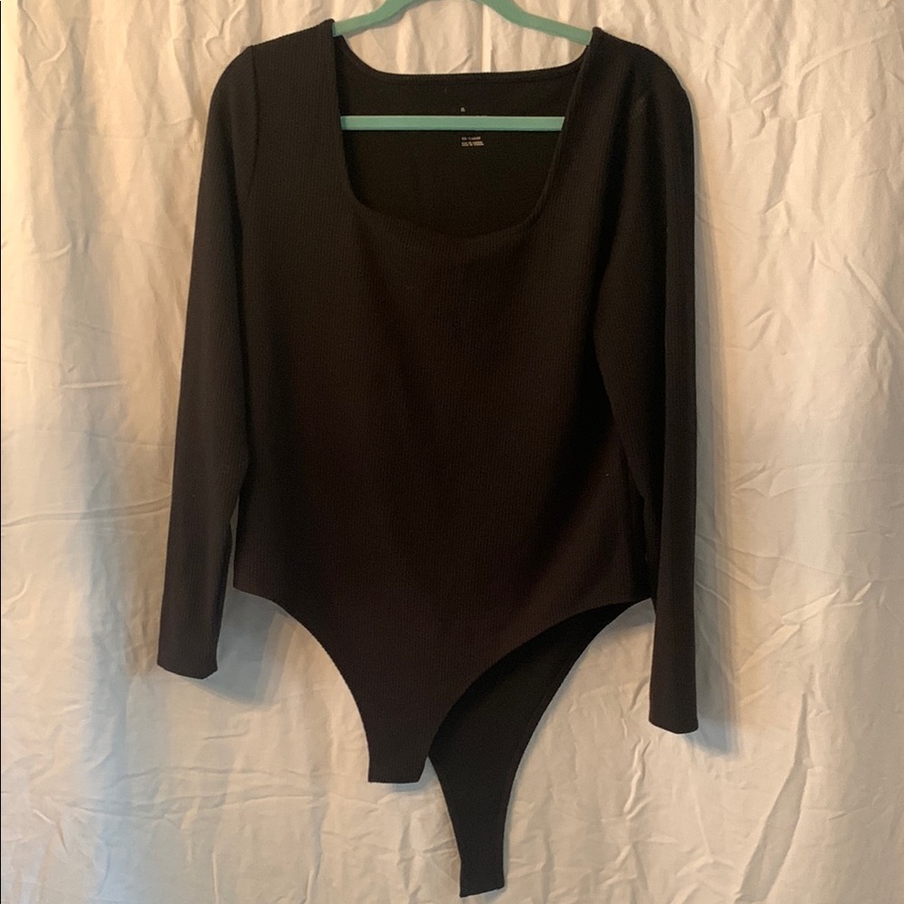 A New Day / Long Sleeve Ribbed Square Neckline / Black Asymmetrical Bodysuit